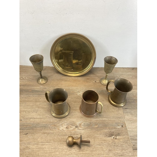 342 - A collection of vintage metalware to include brass wall hanging picture lights, pair of Victorian st... 