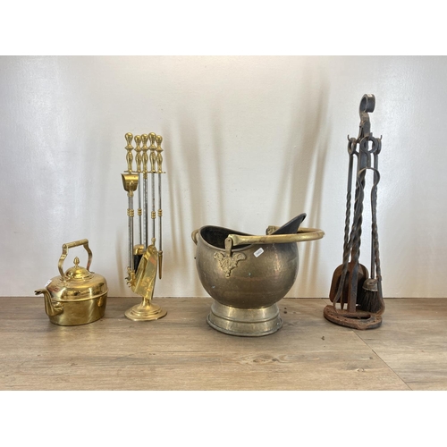 344 - Four pieces of antique and later metalware, mid 20th century companion set, Victorian style brass ke... 