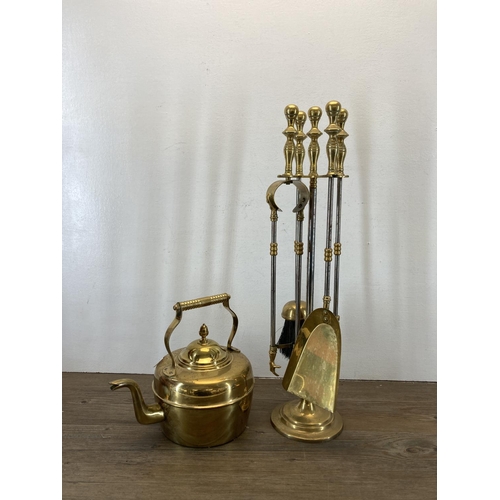 344 - Four pieces of antique and later metalware, mid 20th century companion set, Victorian style brass ke... 