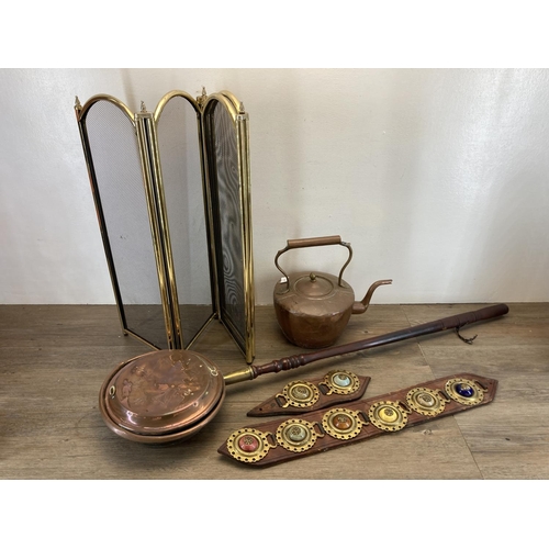 357 - Five pieces of antique and later metalware, 19th century copper kettle, 19th century copper and maho... 