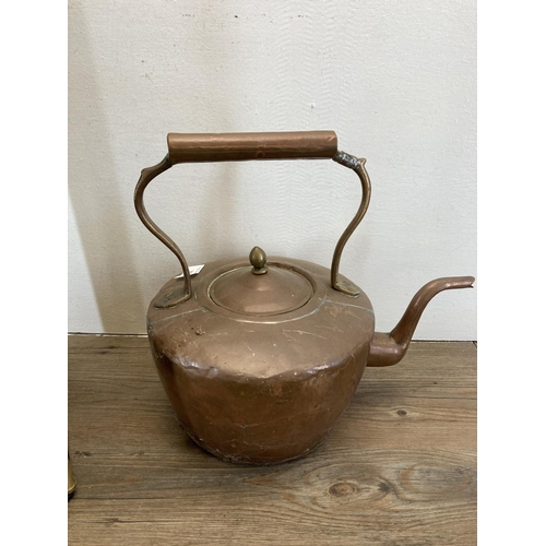 357 - Five pieces of antique and later metalware, 19th century copper kettle, 19th century copper and maho... 