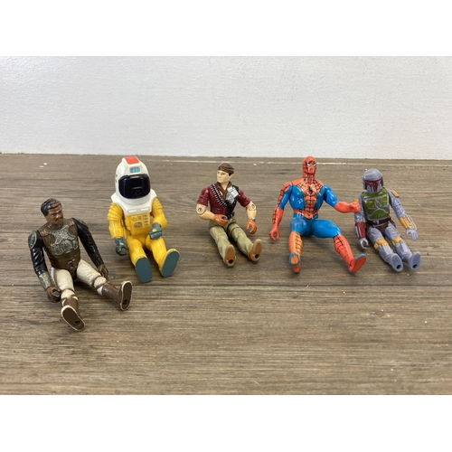 383 - Nine 1970s/80s movie action figurines to include 1984 Marvel Spider-man, 1984 Star Wars Palpatine Em... 