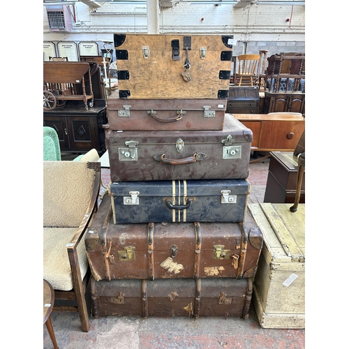 158 - Six early 20th century and later travel trunks and suitcases - largest approx. 32cm high x 91cm wide... 