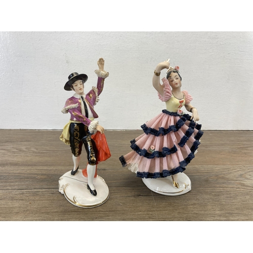 254 - Two German Dresden lace porcelain figurines - approx. 16cm high