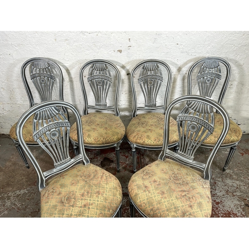 189 - Six Fournier Decoration Paris grey painted and fabric upholstered dining chairs