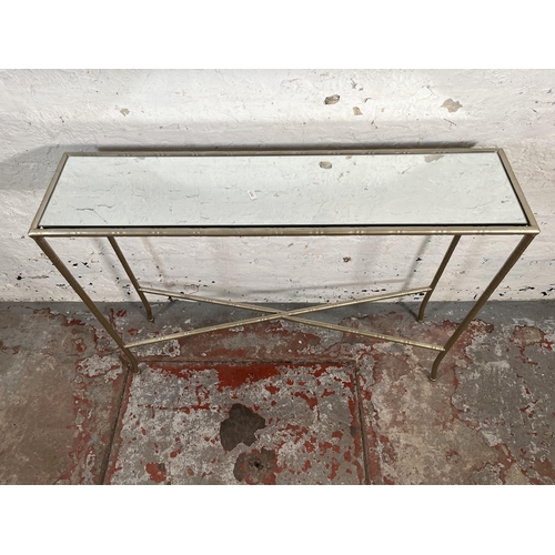 104 - Two Maison Bagues style metal bamboo effect and glass top console tables - largest approx. 80cm high... 