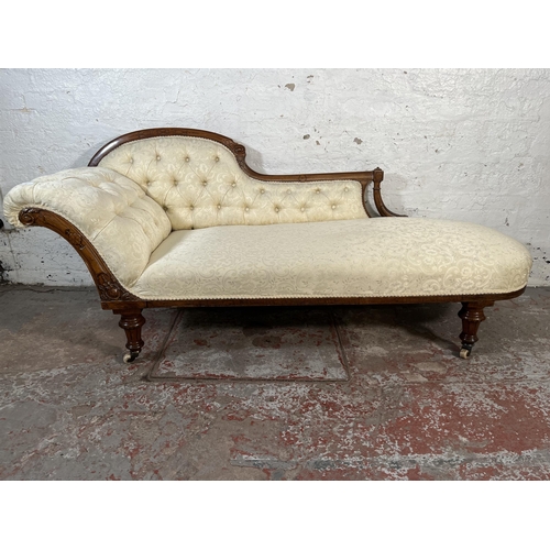 107 - A Victorian carved walnut and fabric upholstered chaise longue - approx. 82cm high x 65cm wide x 195... 
