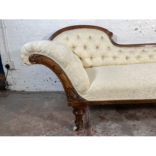 107 - A Victorian carved walnut and fabric upholstered chaise longue - approx. 82cm high x 65cm wide x 195... 