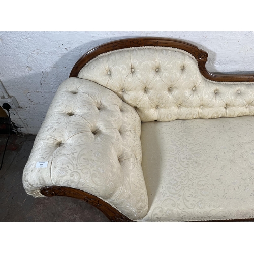 107 - A Victorian carved walnut and fabric upholstered chaise longue - approx. 82cm high x 65cm wide x 195... 