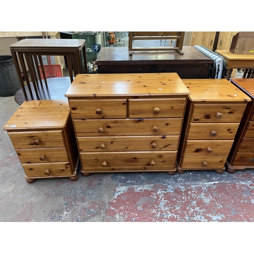 134 - Three pine chests of drawers - largest approx. 82cm high x 88cm wide x 44cm deep