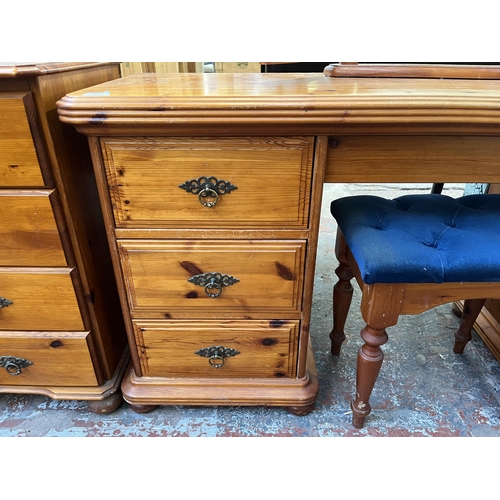 137 - A pine dressing table, mirror and stool - approx. 73cm high x 144cm wide x 46cm deep