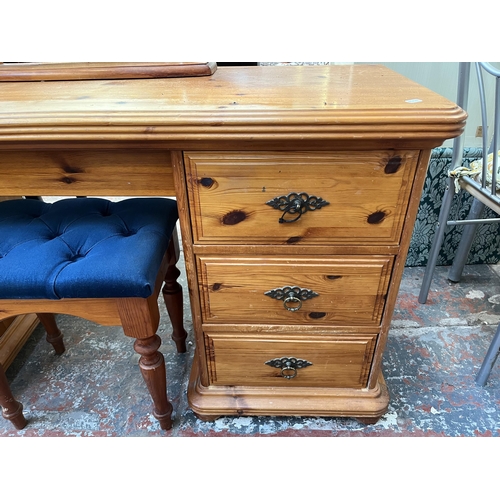 137 - A pine dressing table, mirror and stool - approx. 73cm high x 144cm wide x 46cm deep