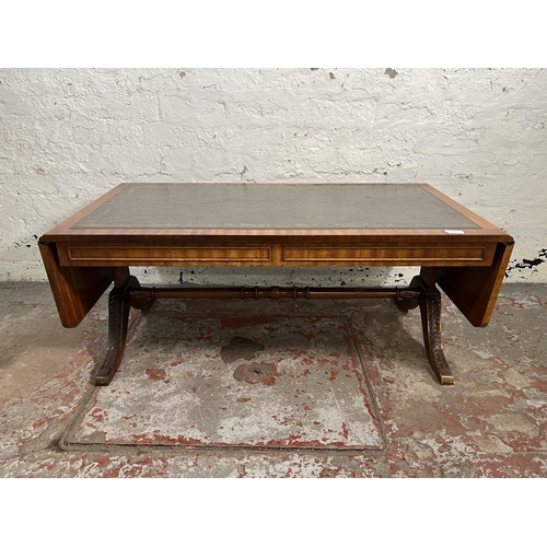 144 - A Regency style mahogany and leather drop leaf coffee table - approx. 143cm high x 53cm wide x 155cm... 