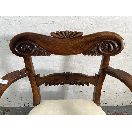 151 - A 19th century carved elm and fabric upholstered carver chair - approx. 88cm high x 66cm wide x 46cm... 