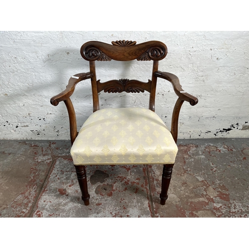 151 - A 19th century carved elm and fabric upholstered carver chair - approx. 88cm high x 66cm wide x 46cm... 