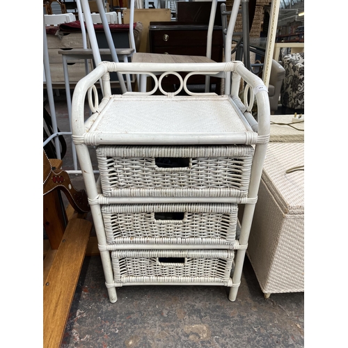 163 - Four items, white painted wicker and wooden chest of drawers, white painted wicker blanket box, Fren... 