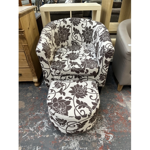 174 - A modern floral fabric upholstered armchair and footstool