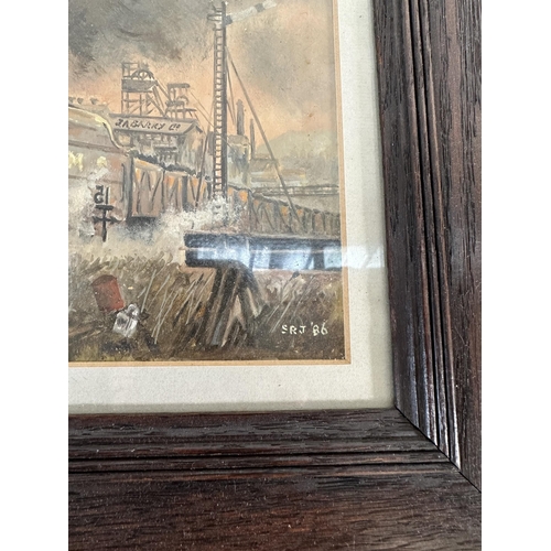 210 - Two framed paintings, one 1986 L. M. S. Stanier 4-6-0 freight locomotive oil painting signed SRJ and... 