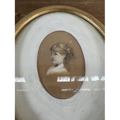 212 - Two gilt framed hand painted and drawn portraits by Francis Miles - approx. 28cm high x 23cm wide