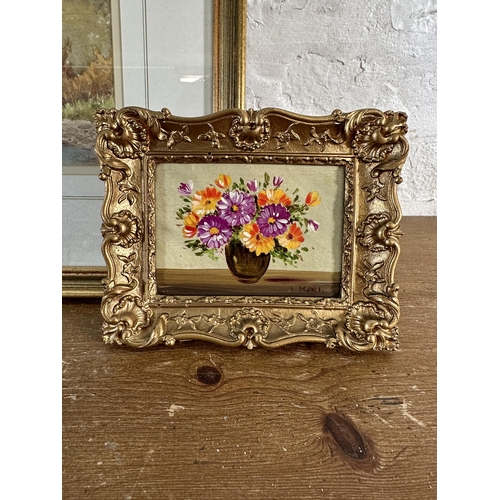218 - Three gilt framed paintings, two flower studies by The House of Marco Cortinelli - approx. 15cm high... 