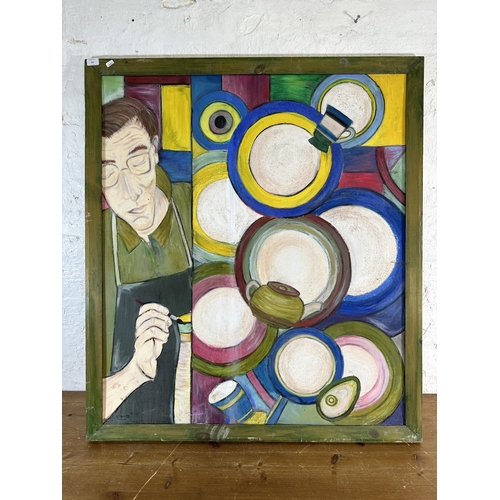 225 - A green painted wooden framed abstract pottery industry acrylic on board - approx. 122cm high x 107c... 