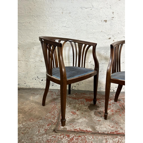 13 - A pair of Edwardian mahogany tub chairs with blue fabric upholstery and tapering supports