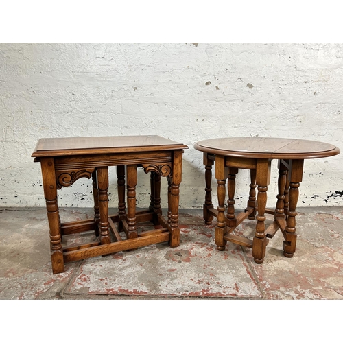 14 - Two pieces of 17th century style oak and walnut crossbanded furniture, one drop leaf gate leg oval s... 