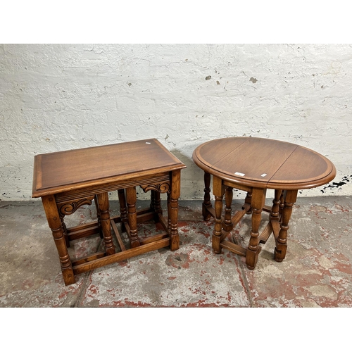 14 - Two pieces of 17th century style oak and walnut crossbanded furniture, one drop leaf gate leg oval s... 