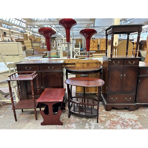 51 - Seven pieces of mahogany furniture to include sideboard, half moon console table, side tables etc.
