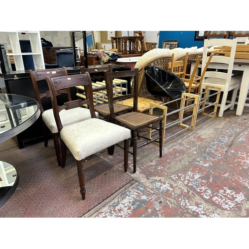 73 - Eleven pieces of house clearance furniture to include two Edwardian beech and rattan occasional chai... 