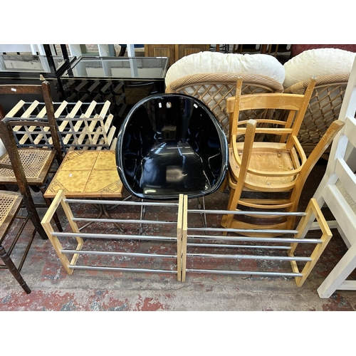 73 - Eleven pieces of house clearance furniture to include two Edwardian beech and rattan occasional chai... 