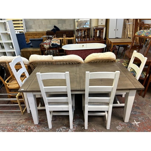 74 - A PGT Reclaimed white painted and reclaimed hardwood rectangular dining table and four chairs - appr... 