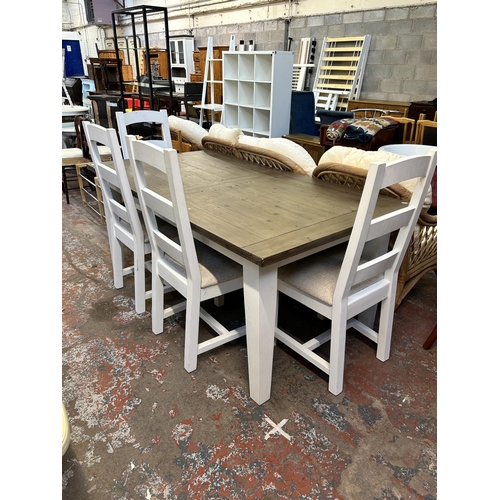 74 - A PGT Reclaimed white painted and reclaimed hardwood rectangular dining table and four chairs - appr... 
