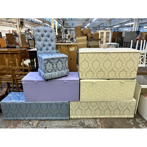 81 - Six pieces of fabric upholstered furniture, five blanket boxes and one bedroom chair