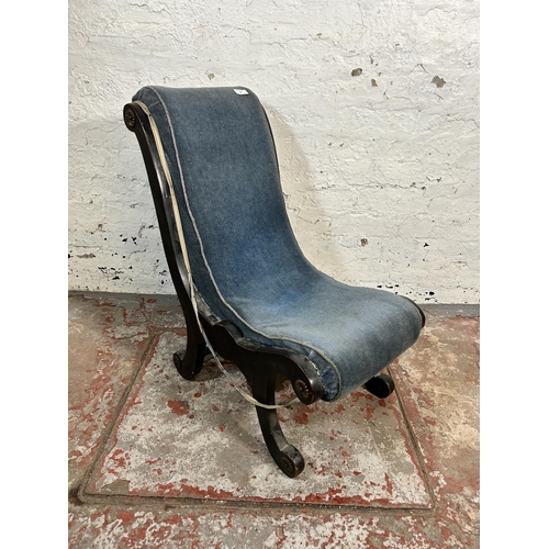 84 - A Victorian ebonised and blue fabric upholstered slipper chair - approx.  75cm high x 39cm wide