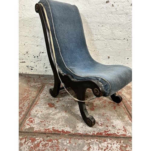 84 - A Victorian ebonised and blue fabric upholstered slipper chair - approx.  75cm high x 39cm wide