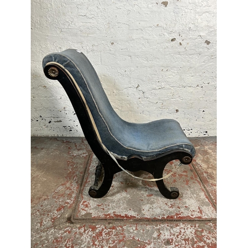 84 - A Victorian ebonised and blue fabric upholstered slipper chair - approx.  75cm high x 39cm wide