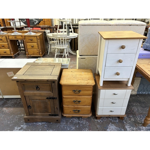 98 - Four pieces of furniture, two pine and white painted bedside chests of drawers, one pine bedside che... 
