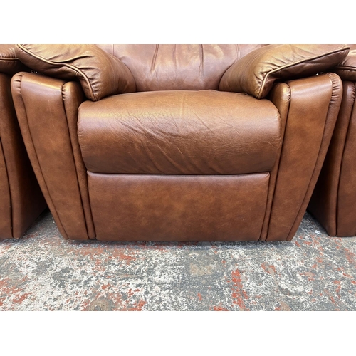 194 - A G Plan brown leather three piece lounge suite comprising two armchairs and three seater sofa - app... 