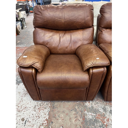 194 - A G Plan brown leather three piece lounge suite comprising two armchairs and three seater sofa - app... 