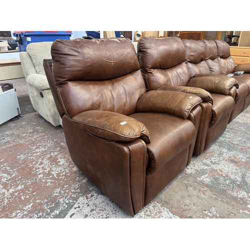 194 - A G Plan brown leather three piece lounge suite comprising two armchairs and three seater sofa - app... 