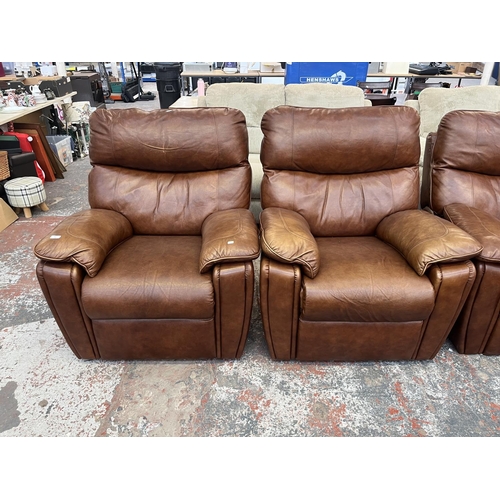 194 - A G Plan brown leather three piece lounge suite comprising two armchairs and three seater sofa - app... 