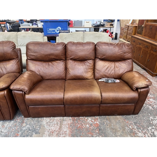 194 - A G Plan brown leather three piece lounge suite comprising two armchairs and three seater sofa - app... 