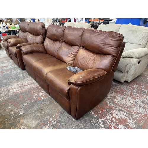 194 - A G Plan brown leather three piece lounge suite comprising two armchairs and three seater sofa - app... 