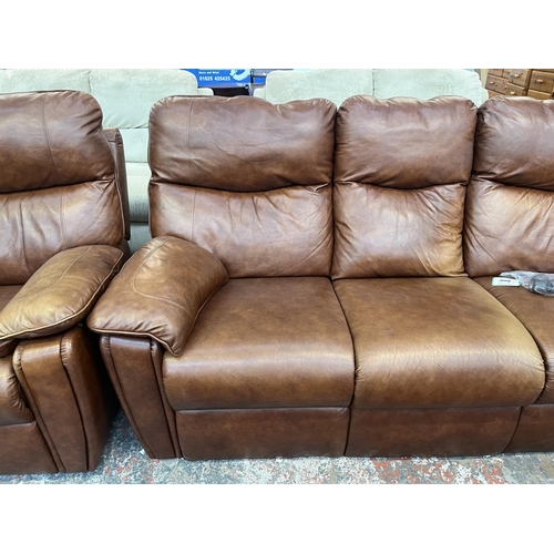 194 - A G Plan brown leather three piece lounge suite comprising two armchairs and three seater sofa - app... 