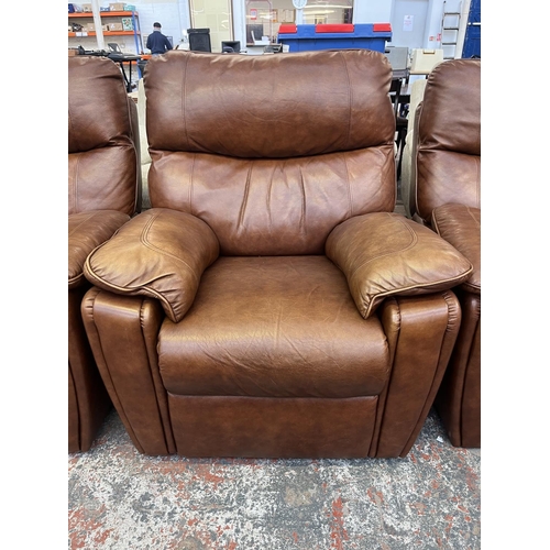 194 - A G Plan brown leather three piece lounge suite comprising two armchairs and three seater sofa - app... 