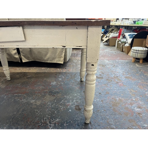 196 - A Victorian painted pine farmhouse dining table with later added top - approx. 73cm high x 86cm wide... 