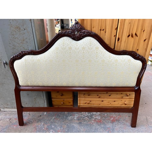 59 - A French Louis XV style carved mahogany and fabric upholstered 6ft bed headboard