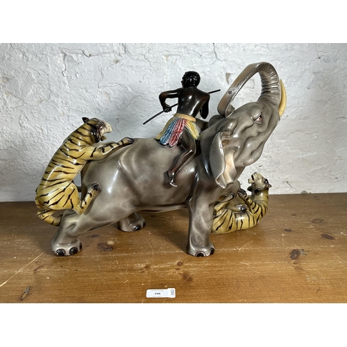 246 - A mid 20th century Italian ceramic elephant tiger attack figurine - approx. 37cm high x 54cm long x ... 