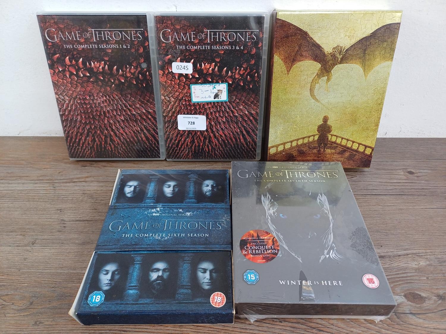 Five Game of Thrones DVD box sets, seasons 1&2, 3&4, 5, 6 and 7 (sealed)